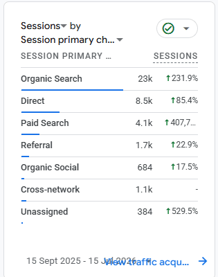 Google Analytics showing Organic Search session growth for an international healthcare website.