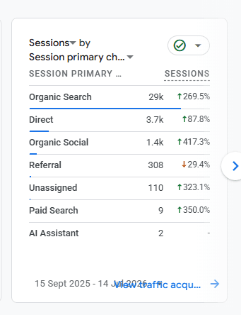Google Analytics showing approximately 29,000 Organic Search sessions for a Belgian healthcare website.